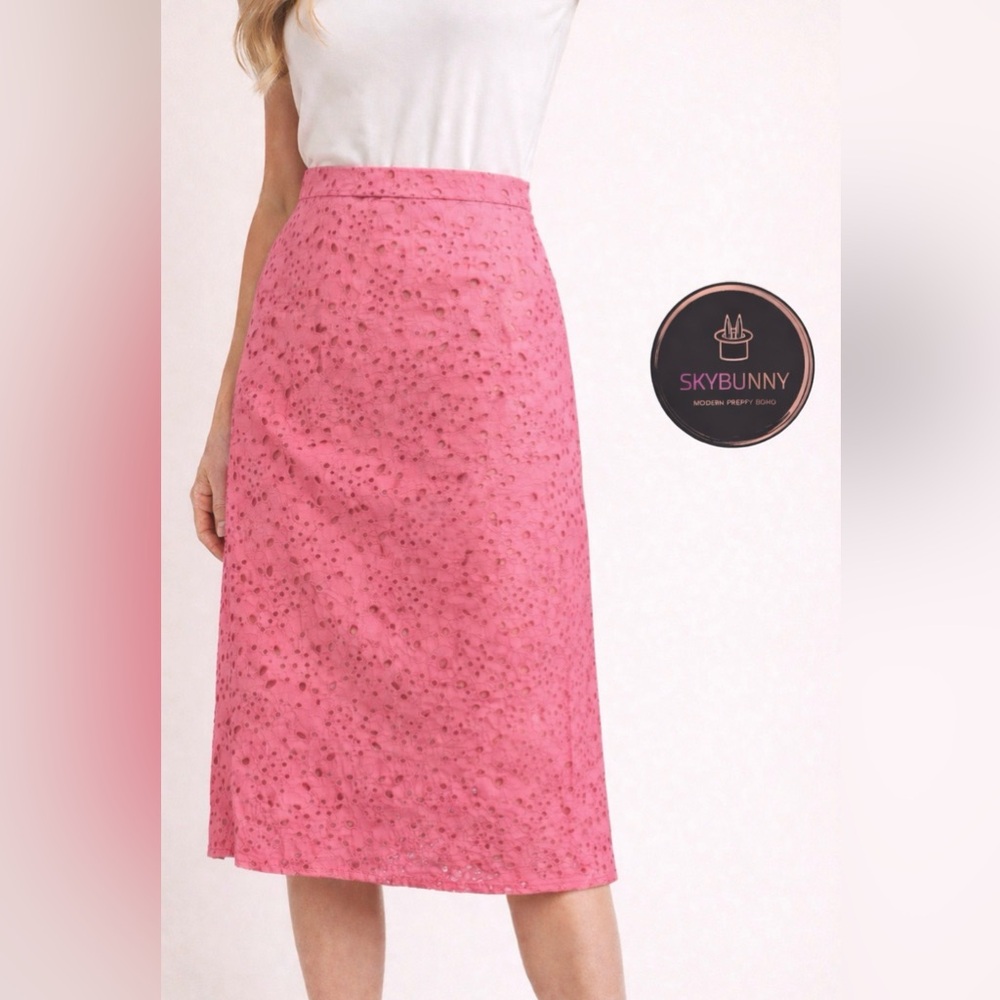 Boden Skirt Womens 16 L Pink Eyelet Floral Print Broderie Pencil 100% Cotton
